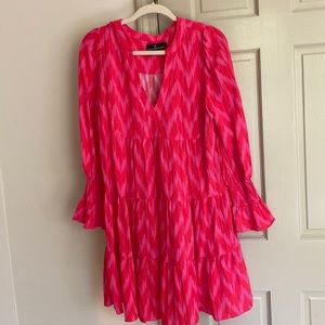 Pomander Place Tuckernuck Women's Hot Pink Ikat Kenzo Mini Dress Tiered sz L